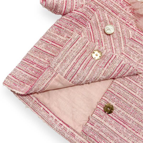 Pink tweed jacket with embellished front pockets with bow buttons and elegant lace trim. Also available in blue! Matching tweed skirt available separately. Shell: 100% polyester Lining: 100% cotton Pink Tweed Jacket With Buttons For Winter, Long Sleeve Tweed Dress With Button Closure, Spring Tweed Dress With Button Closure, Spring Tweed Dress With Buttons, Pink Tweed Jacket With Buttons For Fall, Winter Pink Tweed Dress, Chic Pink Tweed Jacket For Spring, Pink Tweed Dress For Winter, Pink Tweed Workwear Jacket With Buttons