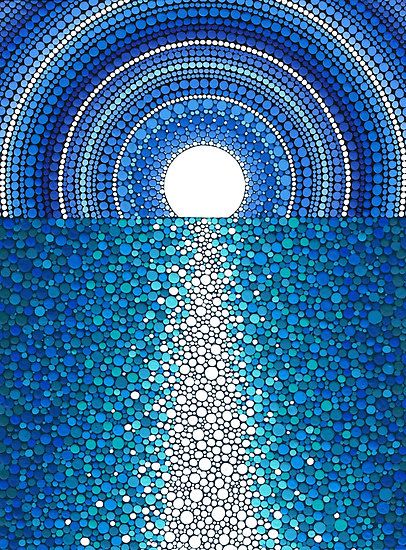 an abstract painting with blue circles in the middle and a white light at the end