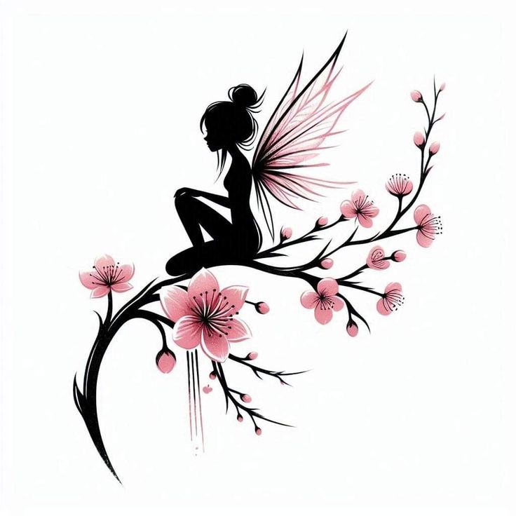 a silhouette of a fairy sitting on a branch with pink flowers