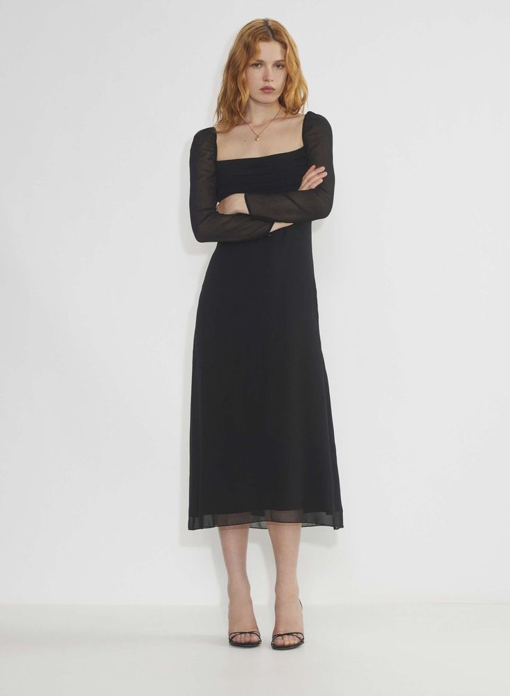 AMUSE LONGSLEEVE MIDI DRESS Sheer Square-neck Evening Dresses, Knee-length Smocked Bodice Midi Dress For Evening, Knee-length Smocked Bodice Evening Midi Dress, Long Sleeve Dresses With Sheer Sleeves For Brunch, Elegant Dress With Sheer Sleeves And Square Neck, Evening Midi Dress With Smocked Bodice, Chic Long Sleeve Midi Dress With Ruched Bodice, Elegant Midi Dress With Smocked Bodice, Evening Long Sleeve Midi Dress With Elastic Sleeves