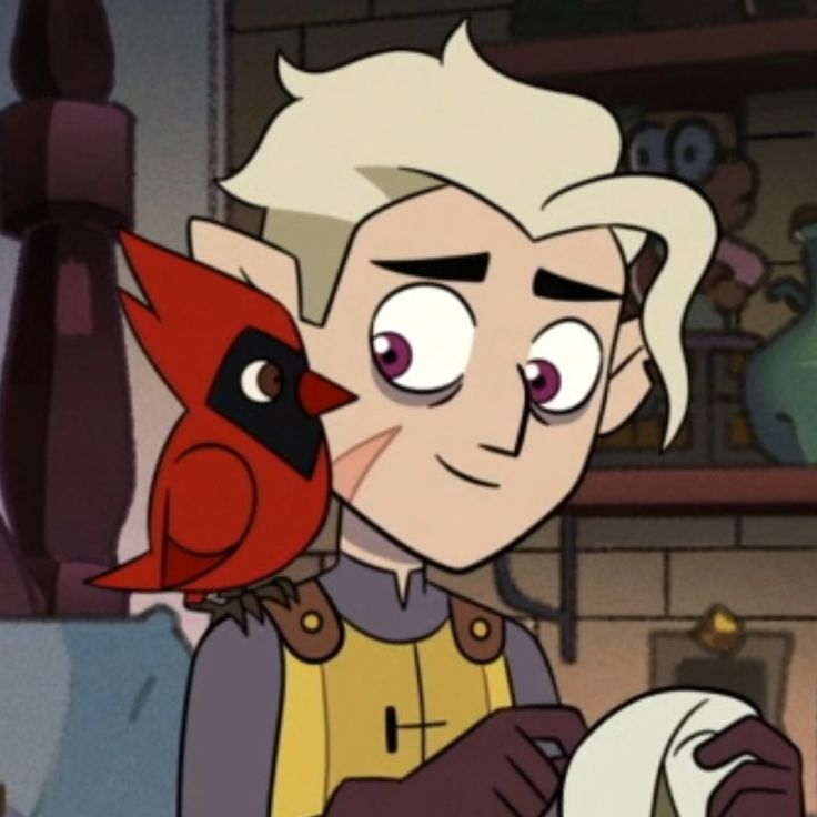 a cartoon character holding a red bird in his hand