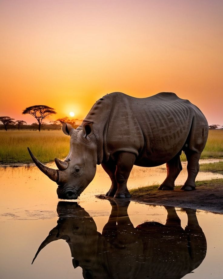 a rhino drinking water at sunset with the sun setting in the backgrouund