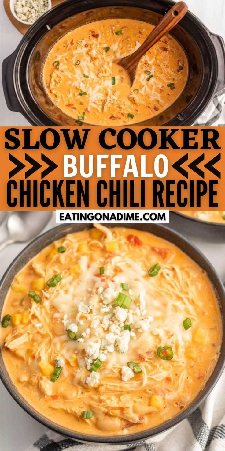 slow cooker buffalo chicken chili recipe in a black skillet with text overlay