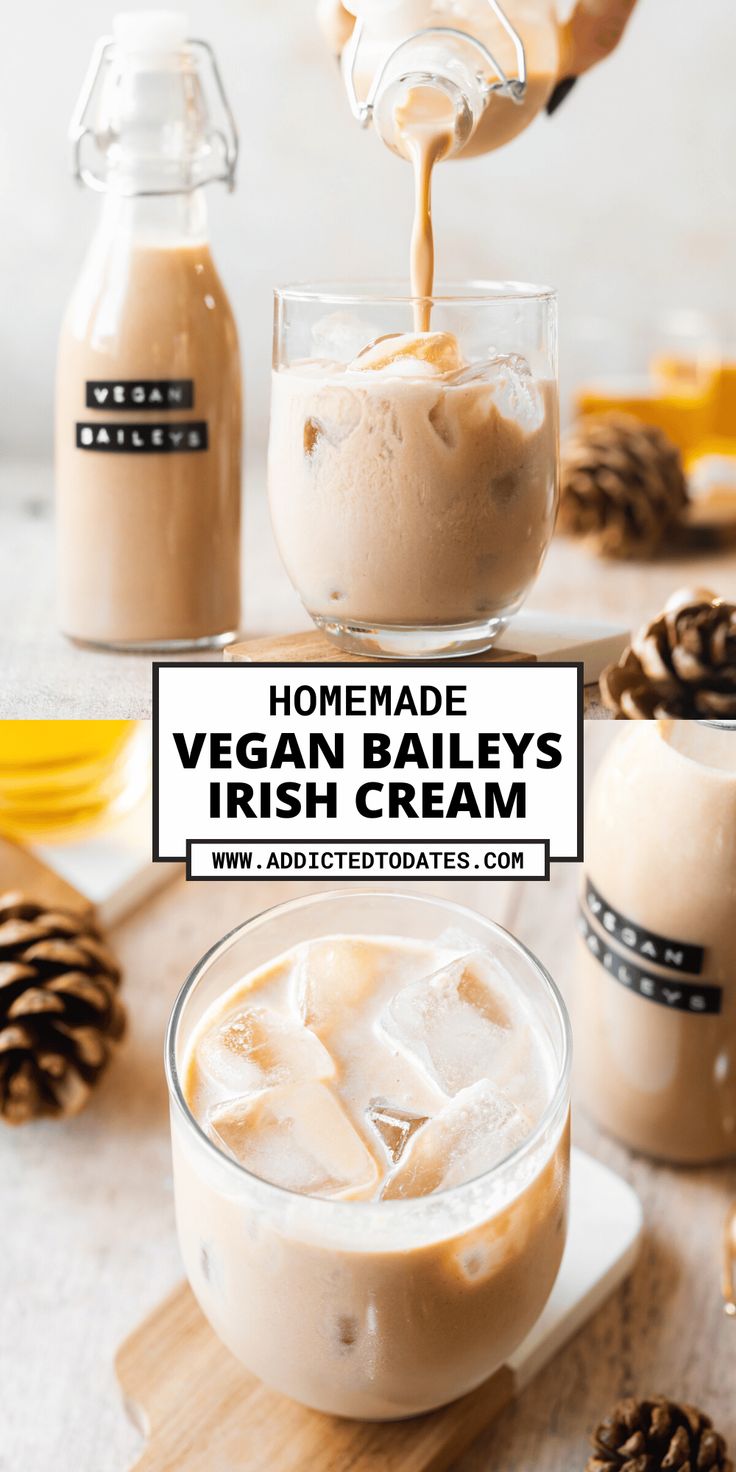 homemade vegan bailey's irish cream is being drizzled with ice