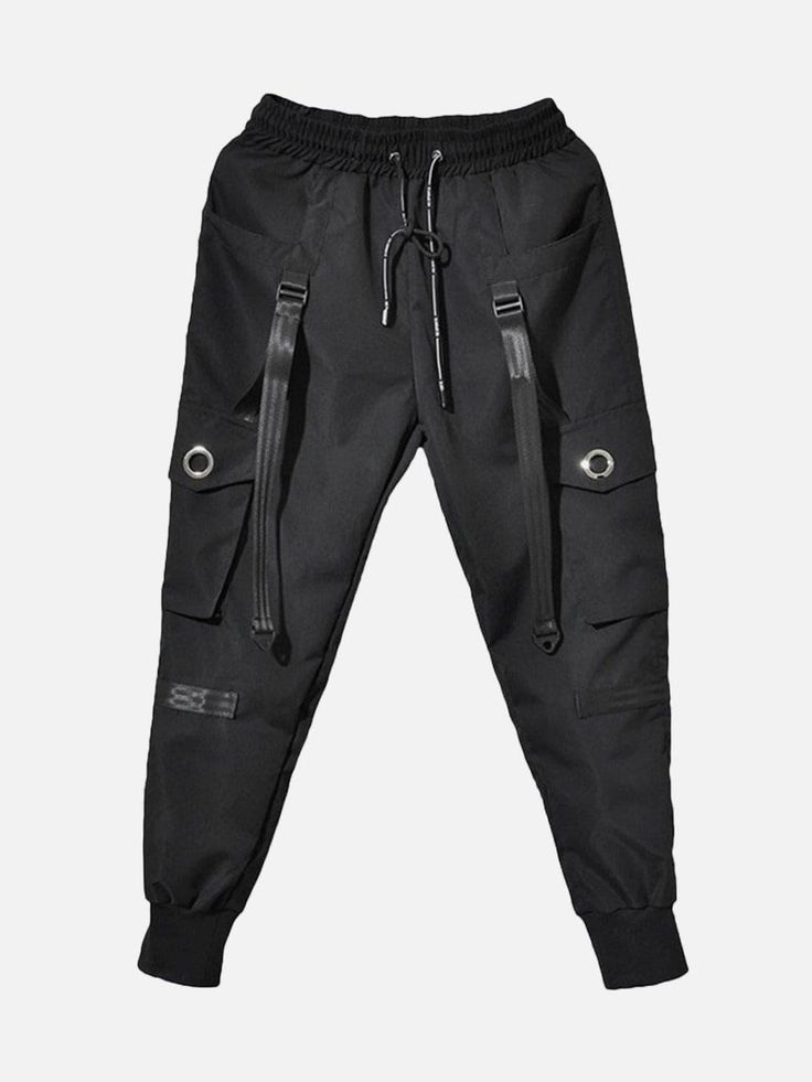 Functional Ribbons Cargo Pants - Anagoc Luxury Men's Pants With Functional Pockets, Luxury Men's Pants With Zip Fly, Luxury Men's Pants With Hidden Pockets, Luxury Techwear Bottoms For Men, Luxury Fitted Men's Cargo Pants, Designer Cargo Pants, Spring Techwear Cargo Pants With Tapered Leg, Baggy Techwear Pants With Drawstring, Spring Combat Cargo Pants For Streetwear