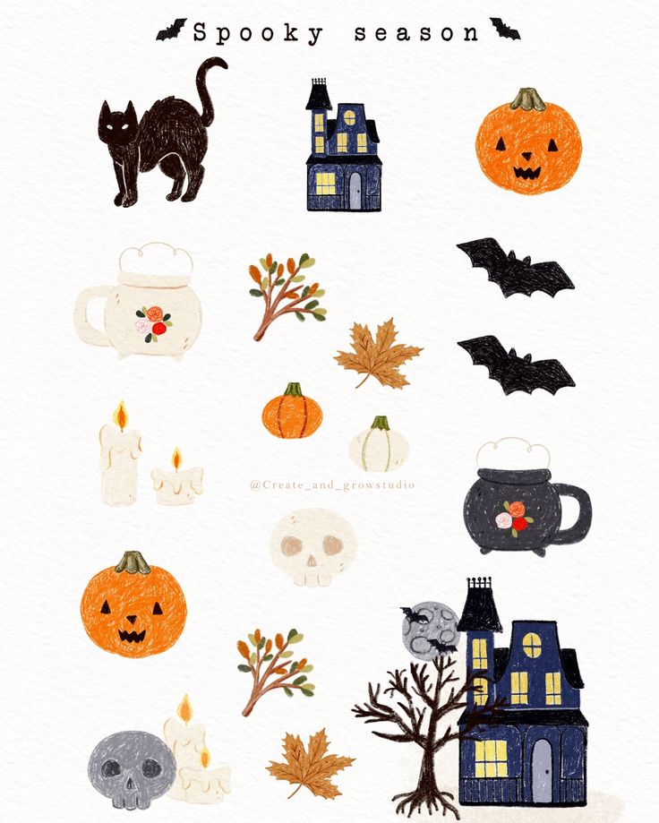 an illustrated halloween scene with pumpkins, bats and other items in the shape of houses