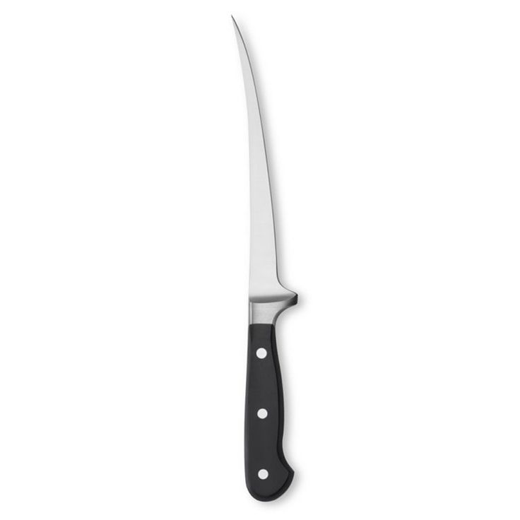 a knife that is on top of a white surface with black handles and blades in the middle