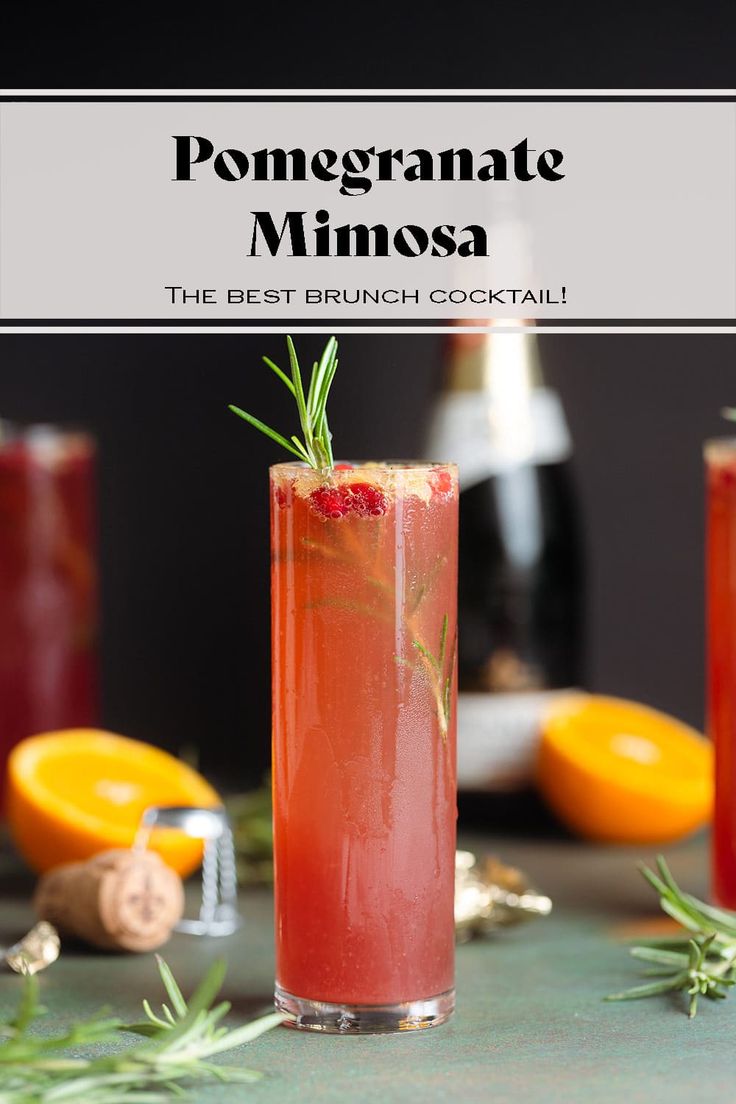 pomegranate mimosa with oranges and rosemary garnish