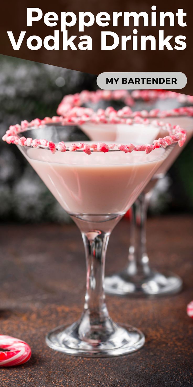 peppermint vodka drinks in martini glasses garnished with candy canes and sprinkles