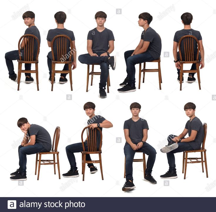 multiple images of a young man sitting in a chair with his hands on his knees