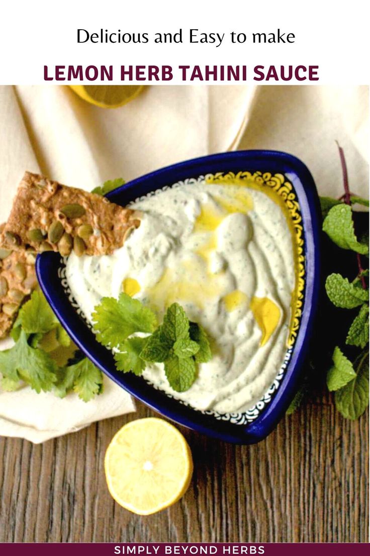 lemon herb tahini sauce in a blue bowl