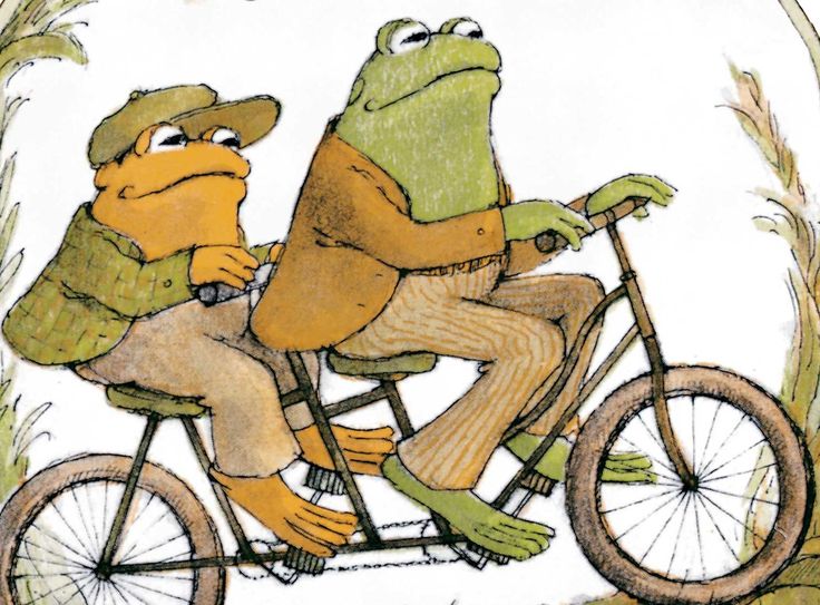 two frogs riding on the back of a bicycle