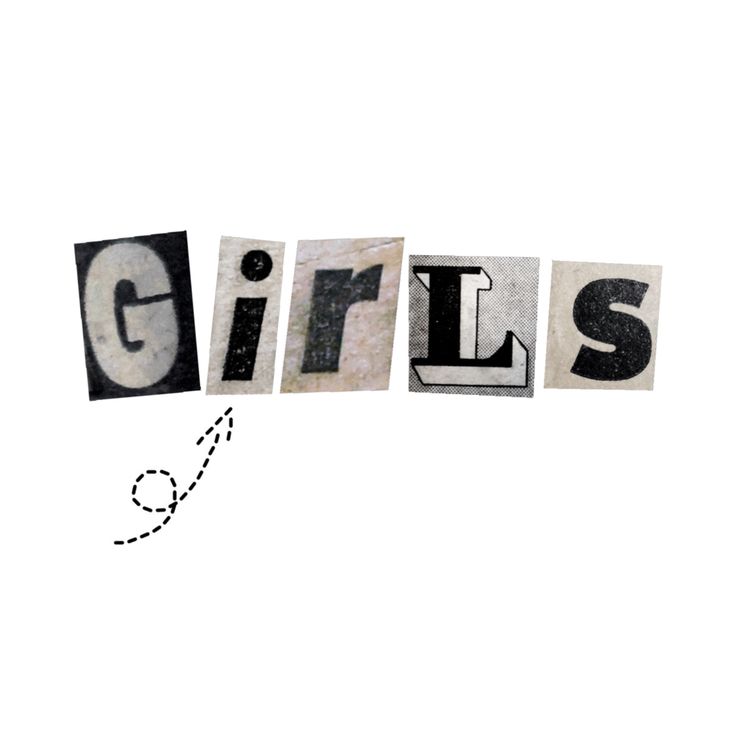 the word girls written in cut out letters on a white background with black and white lines