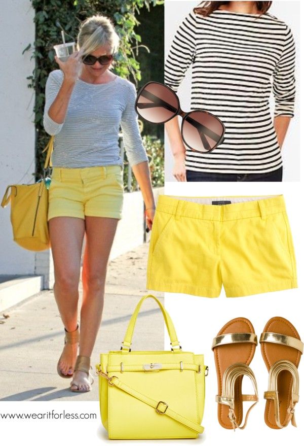 How To Style Yellow Shorts, Yellow Shorts Outfit Summer, Yellow Shorts Outfit, Capri Outfits, Shorts Outfits Women, Summer Shorts Outfits, Moda Chic, Womens Sunglasses, Yellow Outfit