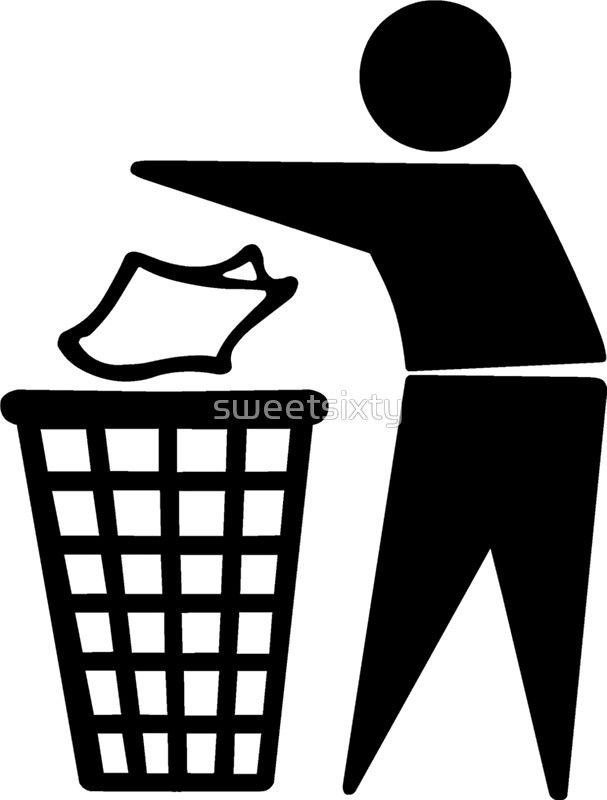 a black and white silhouette of a person throwing garbage into a trash can with the lid down