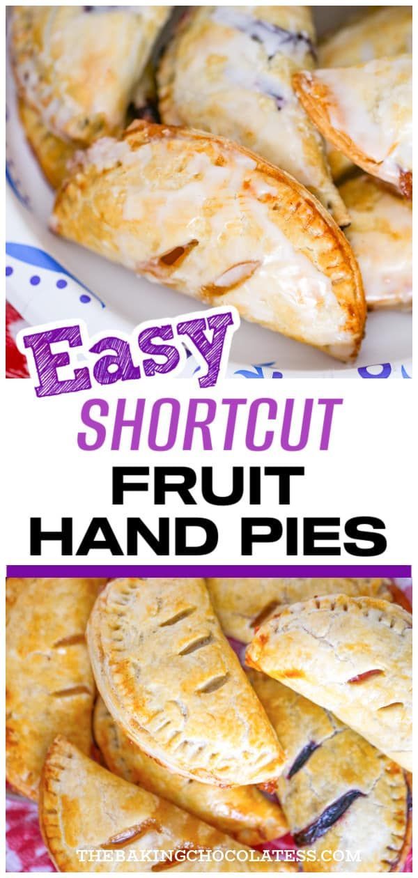 easy shortcut fruit hand pies on a plate with text overlay that reads easy shortcut fruit hand pies