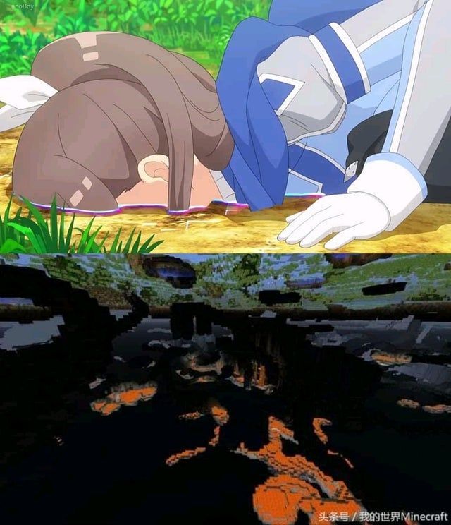 an anime character laying on the ground next to water