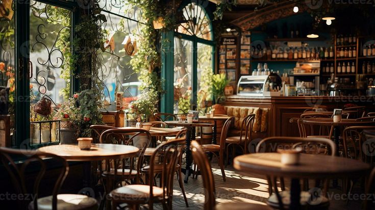 an empty restaurant with tables and chairs in front of large windows that have plants growing on them