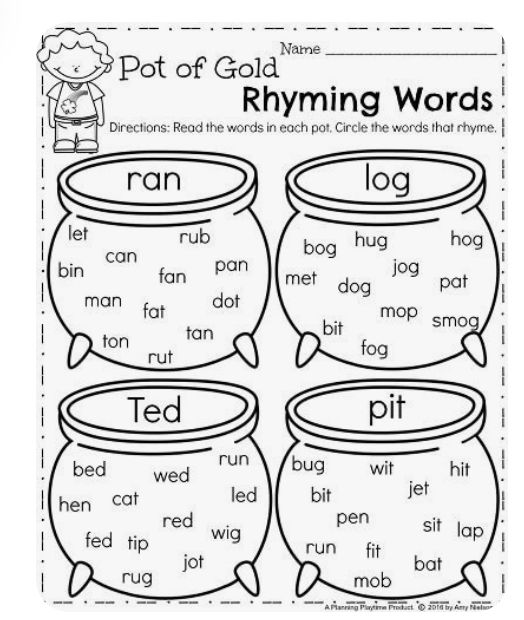 printable worksheet for reading the pot of gold and rhyming words