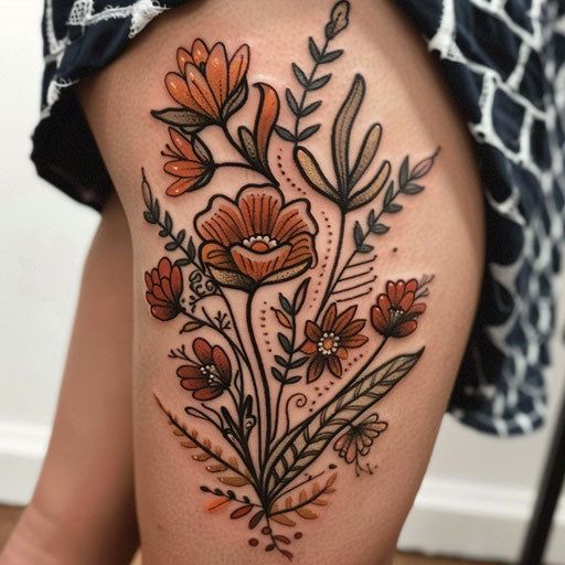 Wildflower Tattoo Vector Collection Colored Tattoo Flower, Tattoo Ideas Female On Forearm, Classic Tattoo Sleeve, Half Sleeves Tattoo For Women, Antique Traditional Tattoo, Pretty Colorful Tattoos, Body Wrap Tattoos For Women, Concho Tattoo, Traditional Tattoo Flowers Sleeve