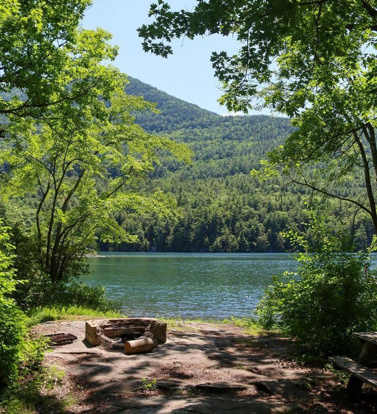 there is a fire pit in the woods by the water