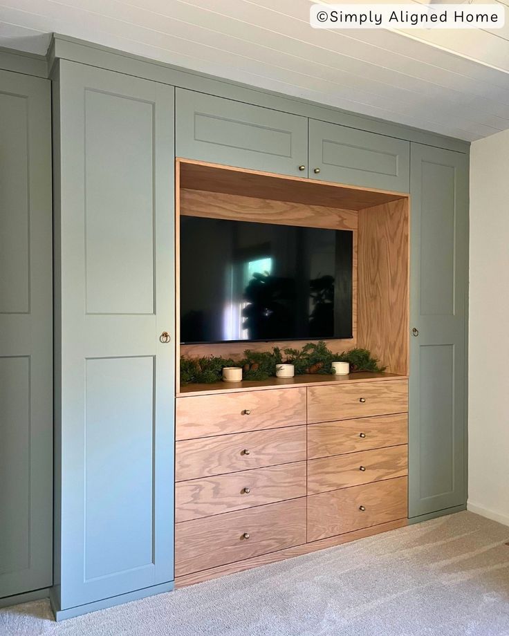 Built Ins In Master, Built In Tv Closet, Ikea Closet With Tv, Ikea Wardrobe With Tv, Diy Ikea Built Ins Bedroom, Pax Wardrobe Tv, Bedroom Tv Wardrobe Built Ins, Ikea Bedroom Furniture Ideas, Ikea Hack Cabinets Built Ins