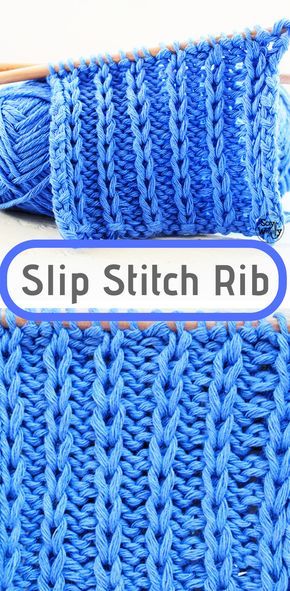 two skeins of blue yarn with the words slip stitch rib on top and bottom