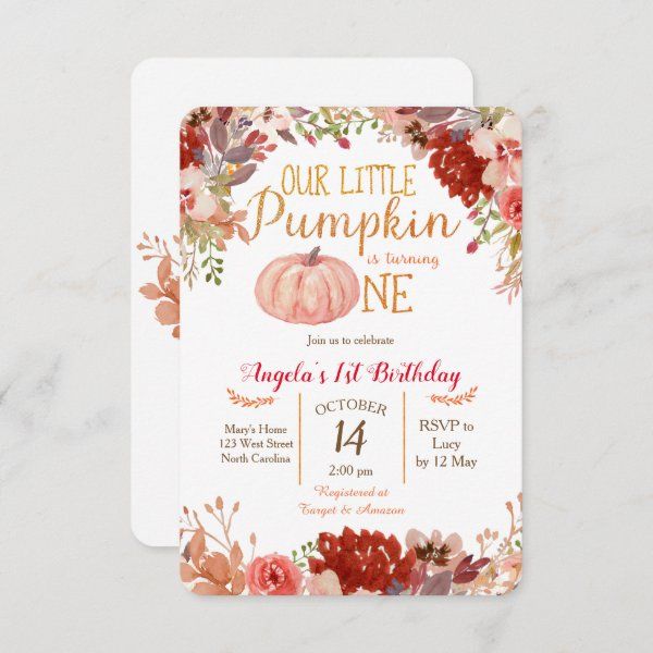 a little pumpkin birthday party card with flowers and leaves on the front, featuring an orange pumpkin