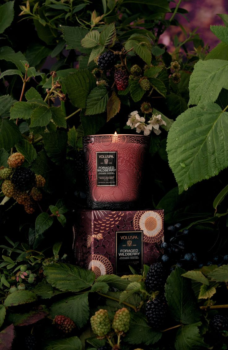 two candles sitting on top of each other in front of some leaves and flowers with berries