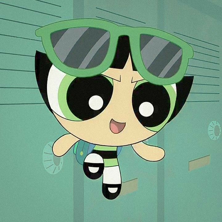 the powerpuff character is wearing sunglasses and jumping in the air with his arms out