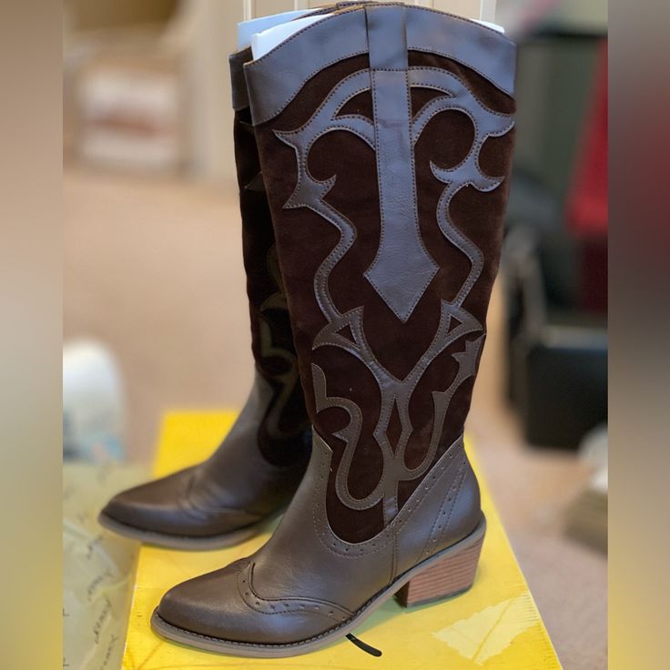 Very Cute Cowboy Boots With Velvet-Like Detail Down Both Sides/Back. Only Worn To Try To Scuff The Bottom. 2” Heel Brown Wide Calf Western Mid-calf Boots, Brown Snip Toe Moto Boots Medium Width, Trendy Wide Calf Brown Boots, Trendy Brown Wide Calf Boots, Brown Wide Calf Moto Boots With Snip Toe, Brown Snip Toe Mid-calf Boots For Fall, Western Style Brown Mid-calf Boots Medium Width, Trendy Brown Suede Mid-calf Boots, Casual Brown Heeled Boots With Wide Calf