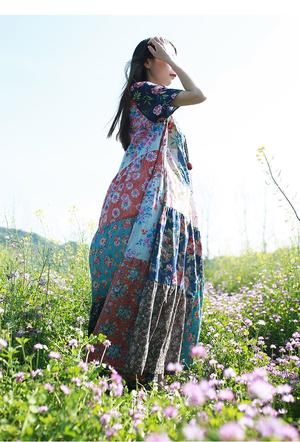 Multicolor Patchwork Hippie Dress | Buddhatrends Irene Dress, Overalls Plus Size, Hippie Jacket, Vintage Midi Dresses, Hippie Dress, Instagram Dress, Line Dresses, Cotton Linen Pants, Floral Patchwork