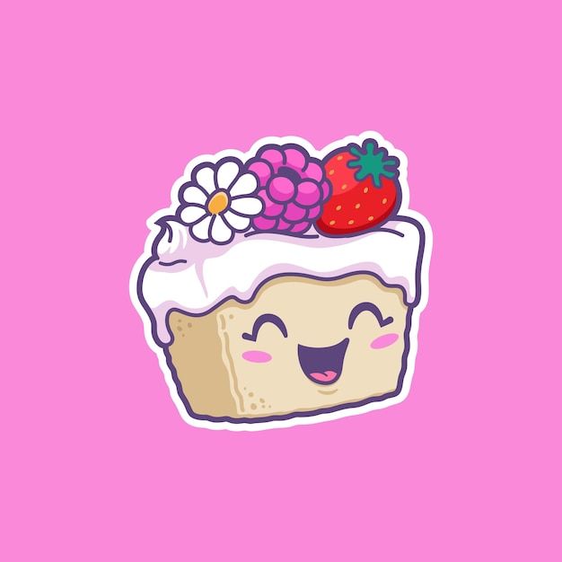 a sticker with a piece of cake and some fruit on top, sitting on a pink background