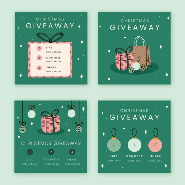 four christmas cards with presents on them and the words giveaway written in black ink