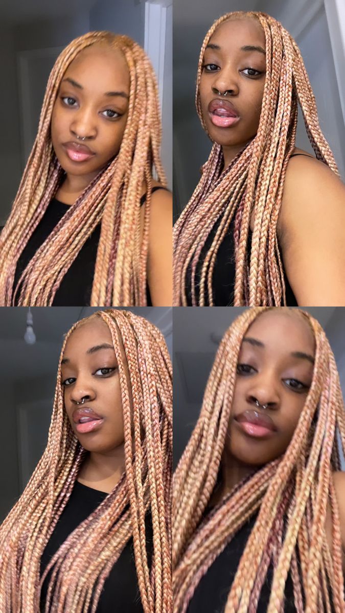 Auburn And Blonde Knotless Braids, Knotless Hair Color Ideas, Blonde Pink Knotless Braids, Color Braids For Brown Skin, Pink And Blonde Mixed Braids, Unique Braid Colours For Black Women, Dyed Hair Braids Hairstyles, Box Braid Colour Ideas, Multi Coloured Braids