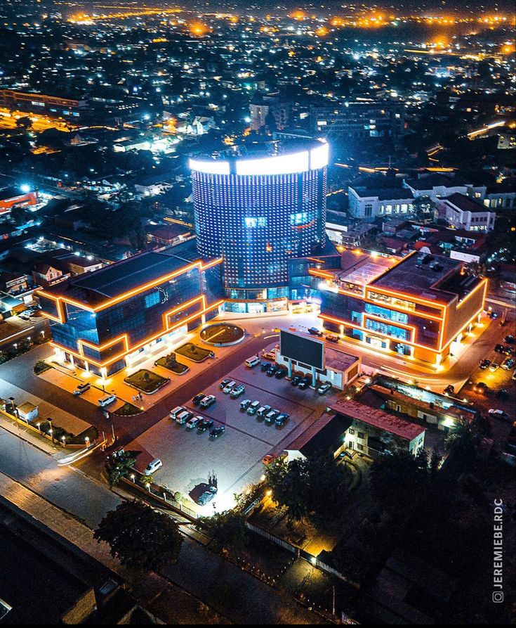 an aerial view of a city at night