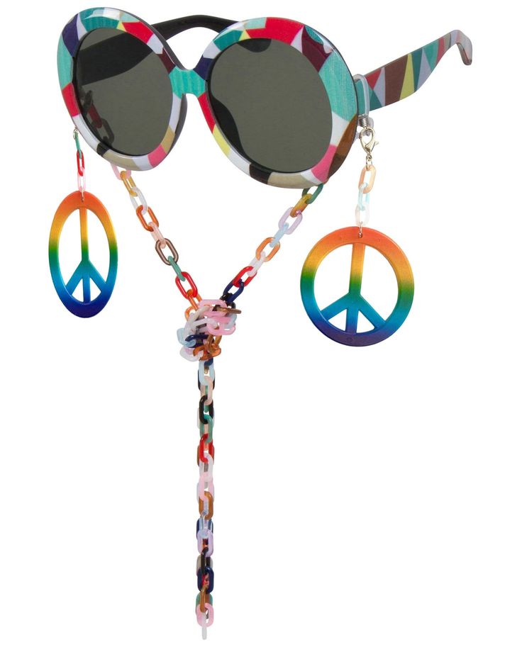 Far out, man! These super fun sunnies are the physical embodiment of Peace, Love, and Fabulous! Made of a round, multicolored frame with an all-over geometrical pattern these sunnies are the perfect accessory for bringing the bohemian hippie vibes with you everywhere you go! The stems have removable hanging colorful peace sign tassels at the temple and a removable, multicolored acrylic chain that can also be worn as a groovy mask chain. These fabulous sunnies ship with a cleansing cloth and prot Hippie Vibes, June Birthstone Jewelry, Zodiac Jewelry, Men's Jewelry Rings, Fine Jewelry Gift, Gifts For New Mums, Pearl Jewellery Earrings, Evil Eye Jewelry, Eye Jewelry