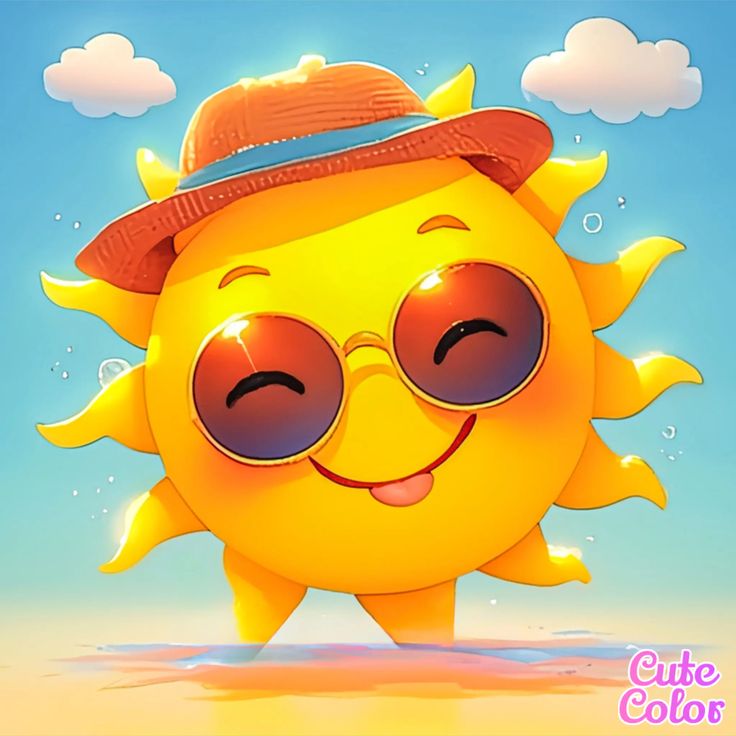 a cartoon sun wearing sunglasses and a hat