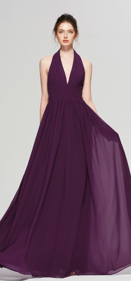 Plum purple Long Bridesmaid Dresses Halter V Neck Prom Dresses Long Elegant, Dresses Long Elegant, Pretty Bridesmaid Dresses, Plum Bridesmaid Dresses, Bridesmaid Dresses Boho, Halter Bridesmaid Dress, Stunning Bridesmaid Dresses, Illustration Template, Simple Bridesmaid Dresses