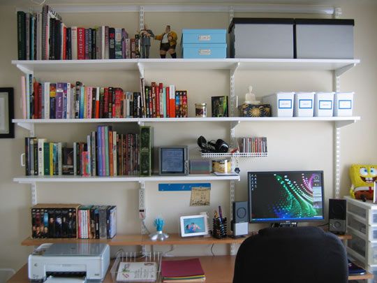 a desk with a computer and books on it