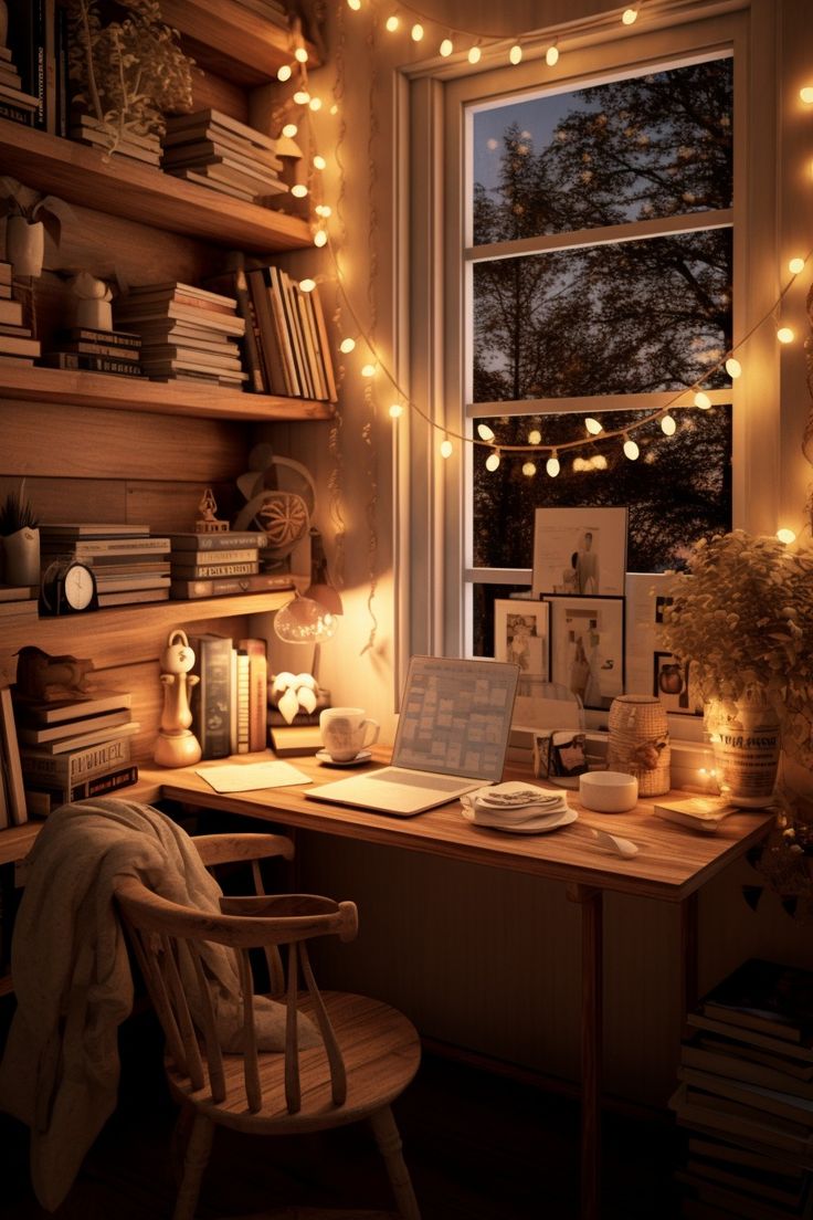 a desk with a laptop computer on top of it next to a window filled with lights