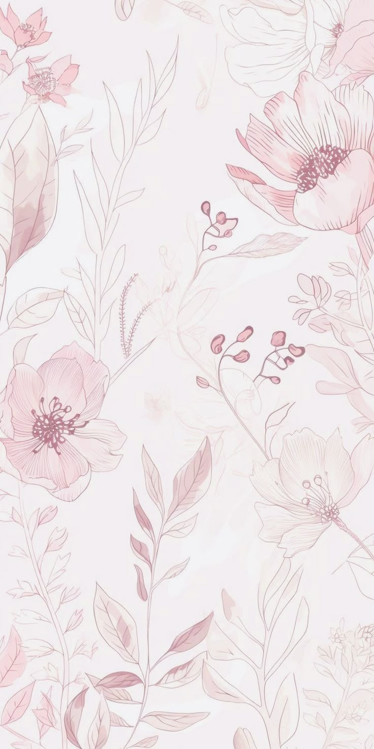 a pink flower wallpaper with leaves and flowers on the back ground, in pastel tones