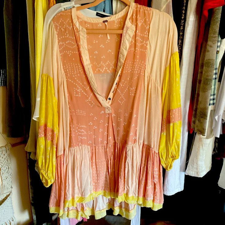 Brand New Could Be Used As A Dress Never Worn Yellow Cotton V-neck Blouse, Yellow Relaxed Fit V-neck Dress, Yellow V-neck Relaxed Fit Dress, Casual Yellow Tunic Blouse, Yellow V-neck Blouse For Spring, Yellow Bohemian Blouse For Daywear, Yellow Relaxed Fit Blouse For Vacation, Yellow Long Sleeve Summer Blouse, Yellow Long Sleeve Blouse For The Beach