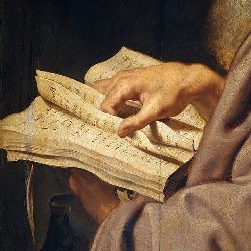 a close up of a painting of a person holding an open book with music notes on it