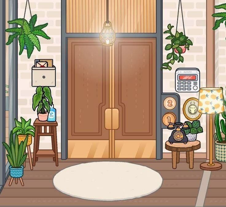 a living room with plants and a phone on the wall next to an open door