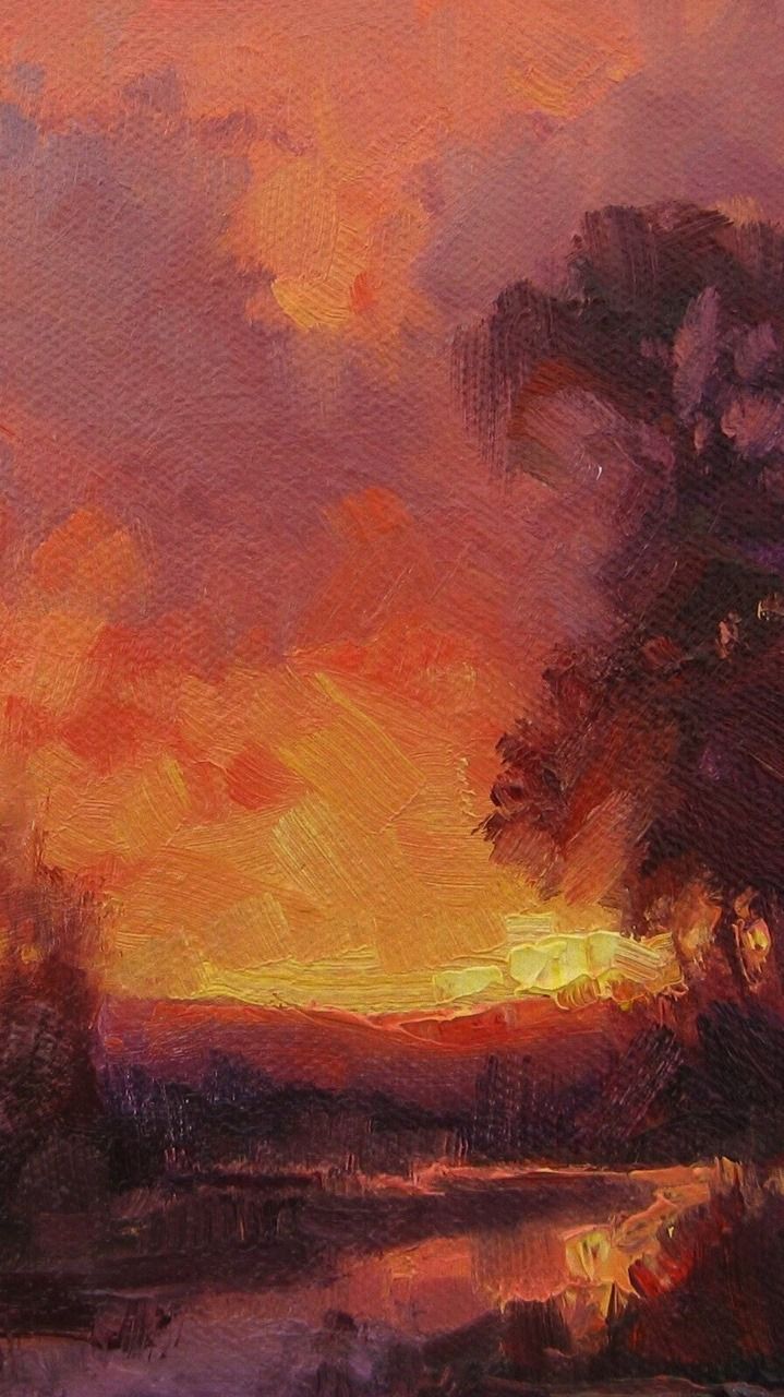 an oil painting of a sunset over a river