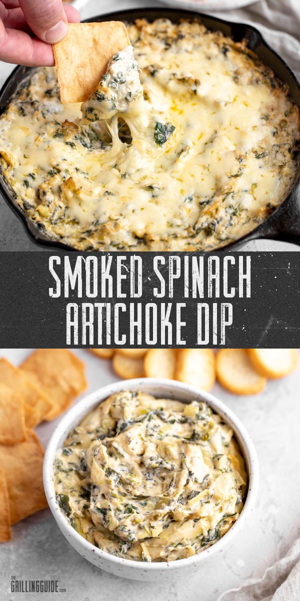 spinach artichoke dip in a cast iron skillet with bread on the side