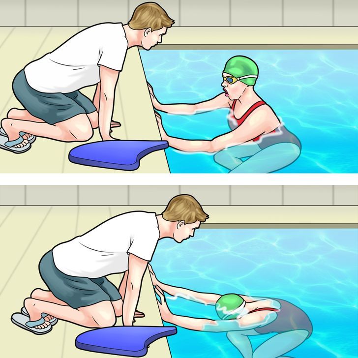 two pictures of a man in the water with a life jacket on, and another showing him how to use an inflatable raft