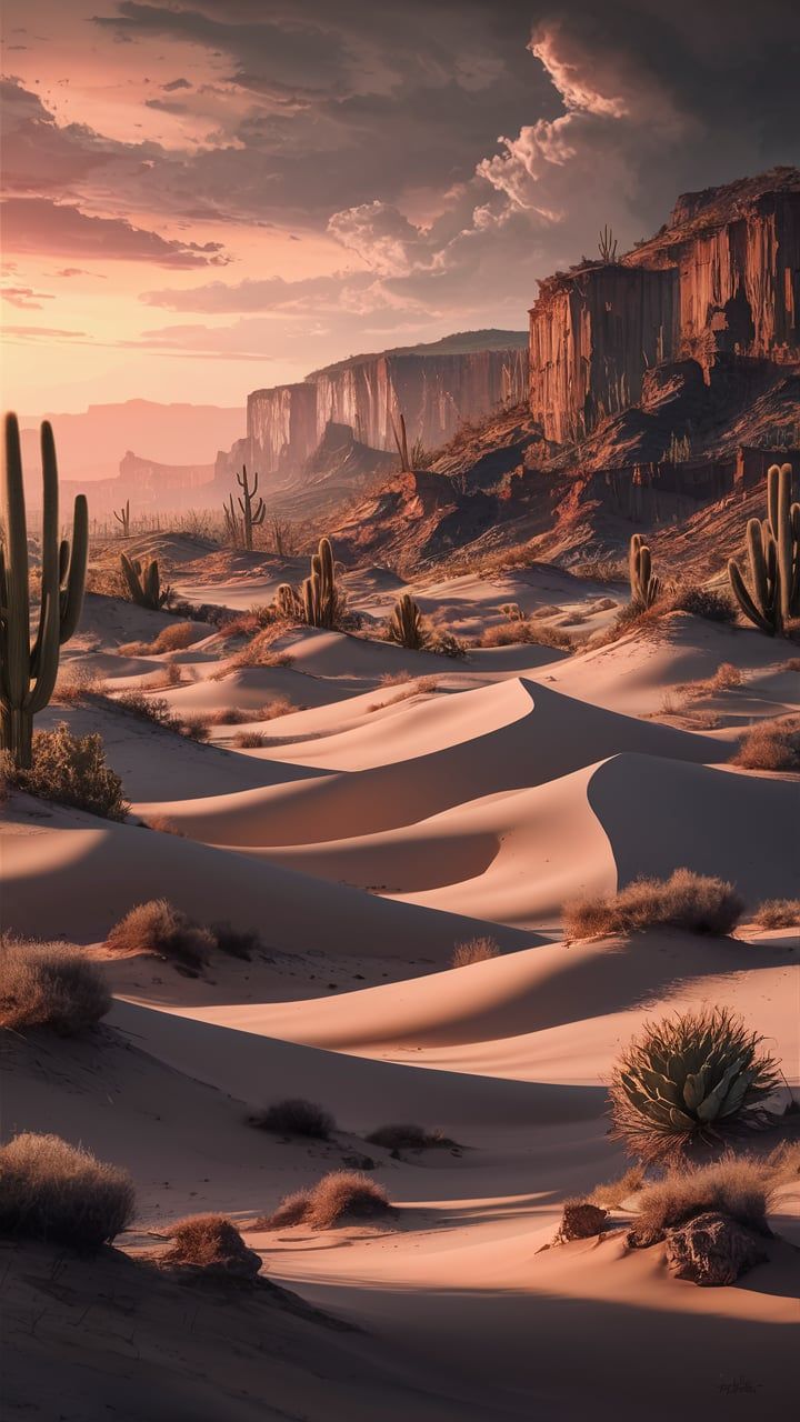 desert scene with cactus trees and mountains in the background at sunset or sunrise, 3d illustration