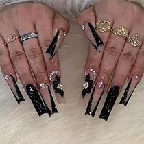 French Tip Acrylic Nails Flower, Glitter French Tip Acrylic Nails, Black Glitter French Tip, Simple Press On Nails, Acrylic Nails Flower, Glitter French Tip, French Tip Acrylics, Glitter French Tips, French Tip Acrylic Nails